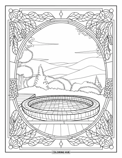 Coloriage de piscine pour adultes : Plunge pool de style spa avec des motifs de feuilles, une terrasse en bois et des vues sur la nature