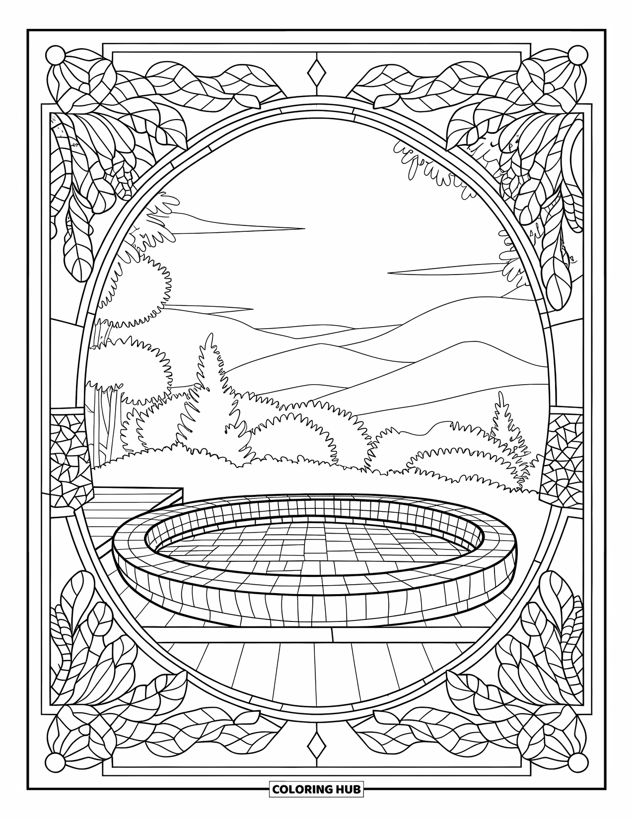 Pool Coloring Page for Adults: Spa-style plunge pool with leaf motifs, a wooden deck, and nature views