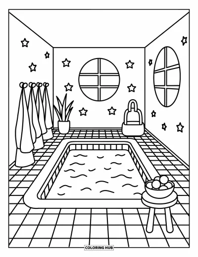 Coloriage de piscine pour adultes : Piscine carrée dans une salle étoilée avec des peignoirs, des plantes et un petit tabouret garni de collations