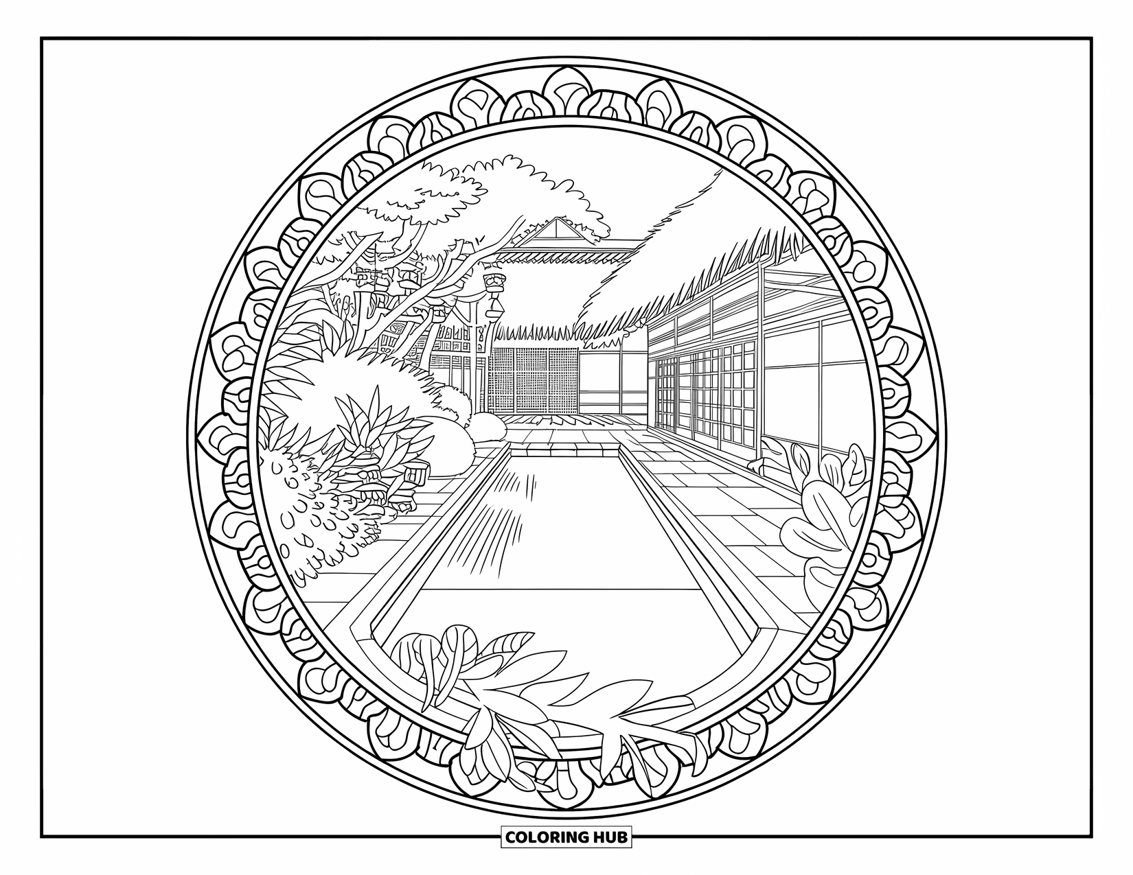 Pool Coloring Page for Adults: Sunken courtyard pool with floral mandala, stone lanterns, and a traditional house