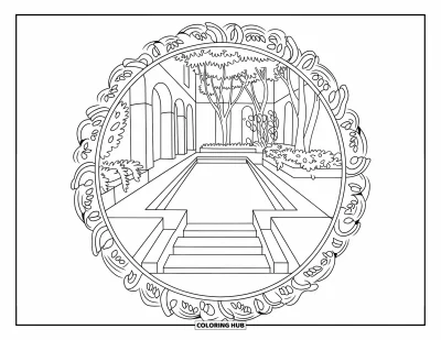 Coloriage de piscine pour adultes : Piscine en contrebas dans une cour intérieure avec des marches, entourée de plantes et d'un mandala floral circulaire