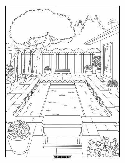 Coloriage de piscine pour enfants : Piscine de jardin avec banc, plantes en pot, balançoire et une maison accueillante à proximité