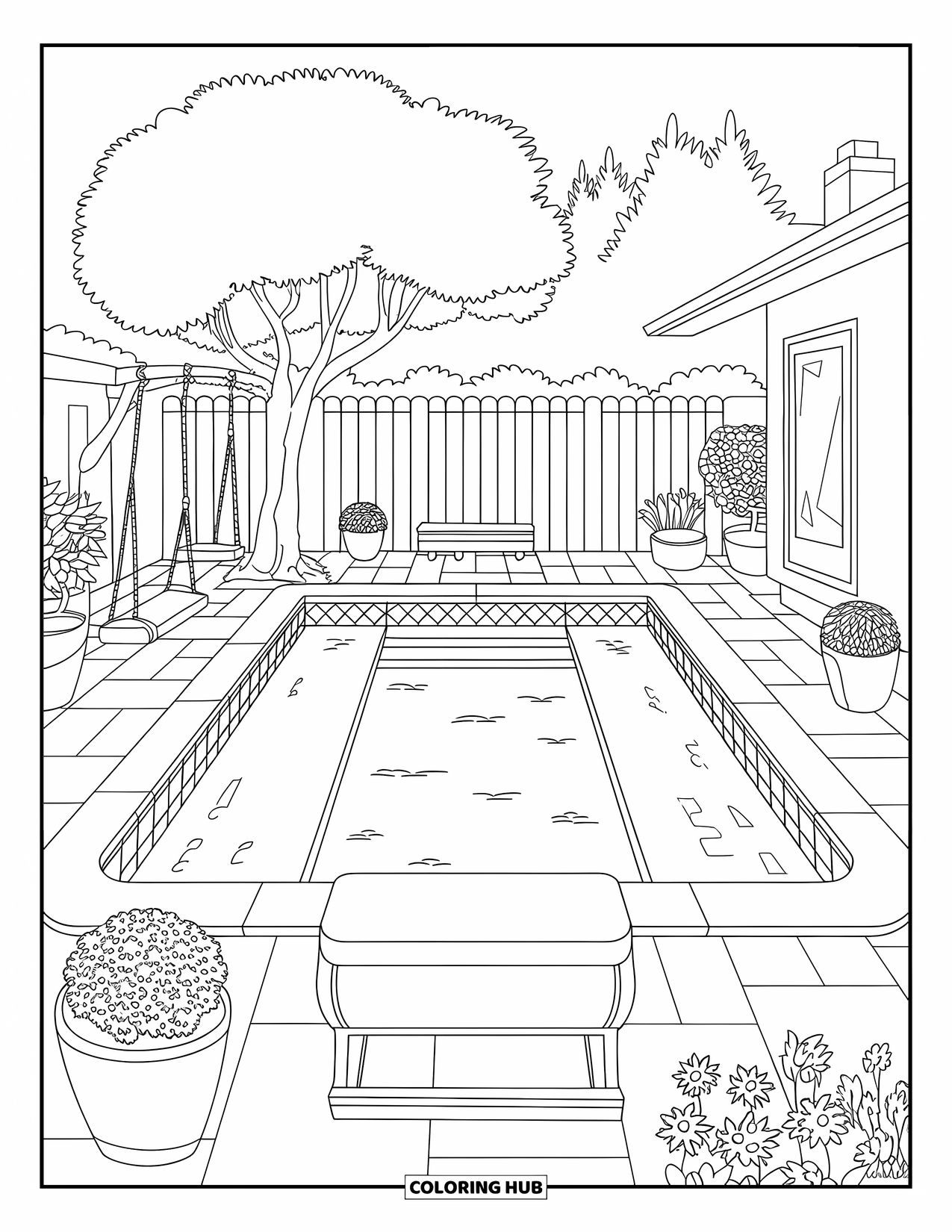 Pool Coloring Page for Kids: Backyard pool with bench, potted plants, tree swing, and a cozy house nearby