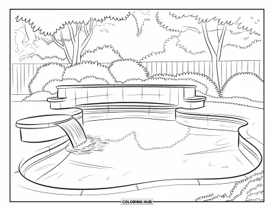 Coloriage de piscine pour enfants : Piscine de jardin avec sièges intégrés et rebord en cascade, entourée de verdure