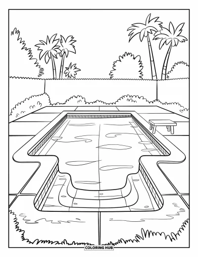 Coloriage de piscine pour enfants : Piscine de jardin avec un carrelage délicat, un petit banc et quelques palmiers alentour