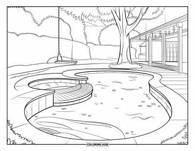 Coloriage de piscine pour enfants : Piscine de jardin avec cascade, terrasse en bois et balançoire accrochée à un arbre