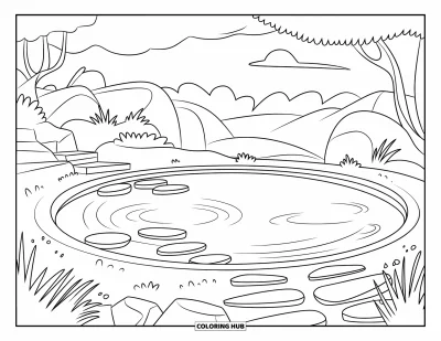 Coloriage de piscine pour enfants : Piscine circulaire avec de douces ondulations, des pierres de gué et une végétation luxuriante sous un ciel nuageux en montagne