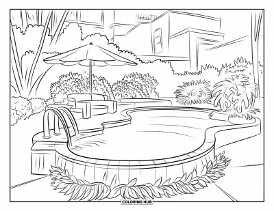 Coloriage de piscine pour enfants : Piscine de jardin avec rebord en cascade et parasol, entourée de bâtiments et de plantes