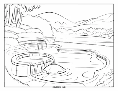 Coloriage de piscine pour enfants : Piscine de jardin arrondie avec cascade, grand rocher et paysage montagneux serein