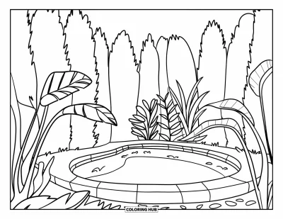 Coloriage de piscine pour enfants : Piscine de jardin nichée entre de hautes plantes, avec de petites ombres de feuilles sur la surface de l'eau