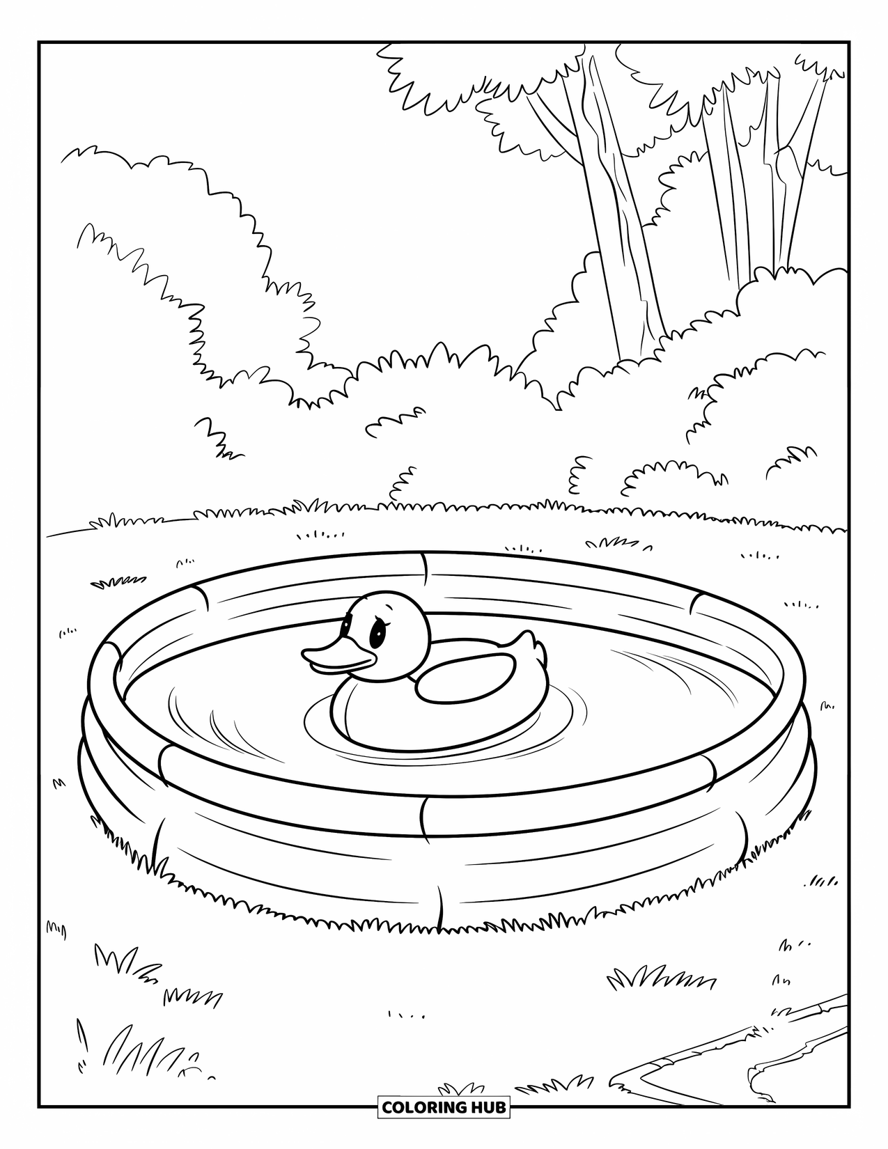 Pool Coloring Page for Kids: Inflatable pool with duck float and trees on a quiet grassy patch