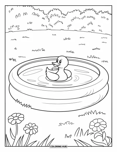 Coloriage de piscine pour enfants : Piscine gonflable avec canard flottant, prairie verdoyante, fleurs et arbres tout autour