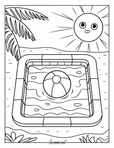 Coloriage de piscine pour enfants : Pataugeoire avec un ballon de plage, des palmiers et un soleil souriant au-dessus
