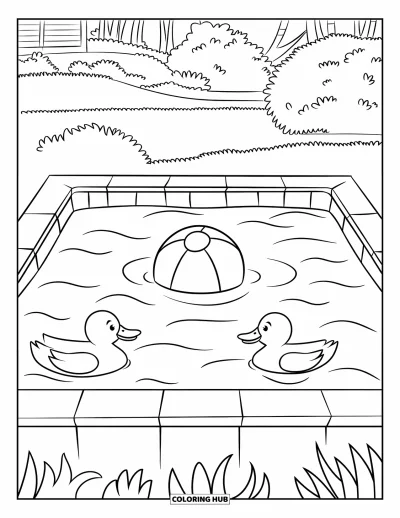 Coloriage de piscine pour enfants : Pataugeoire avec des canards, un ballon de plage et des arbres près d'un petit bâtiment