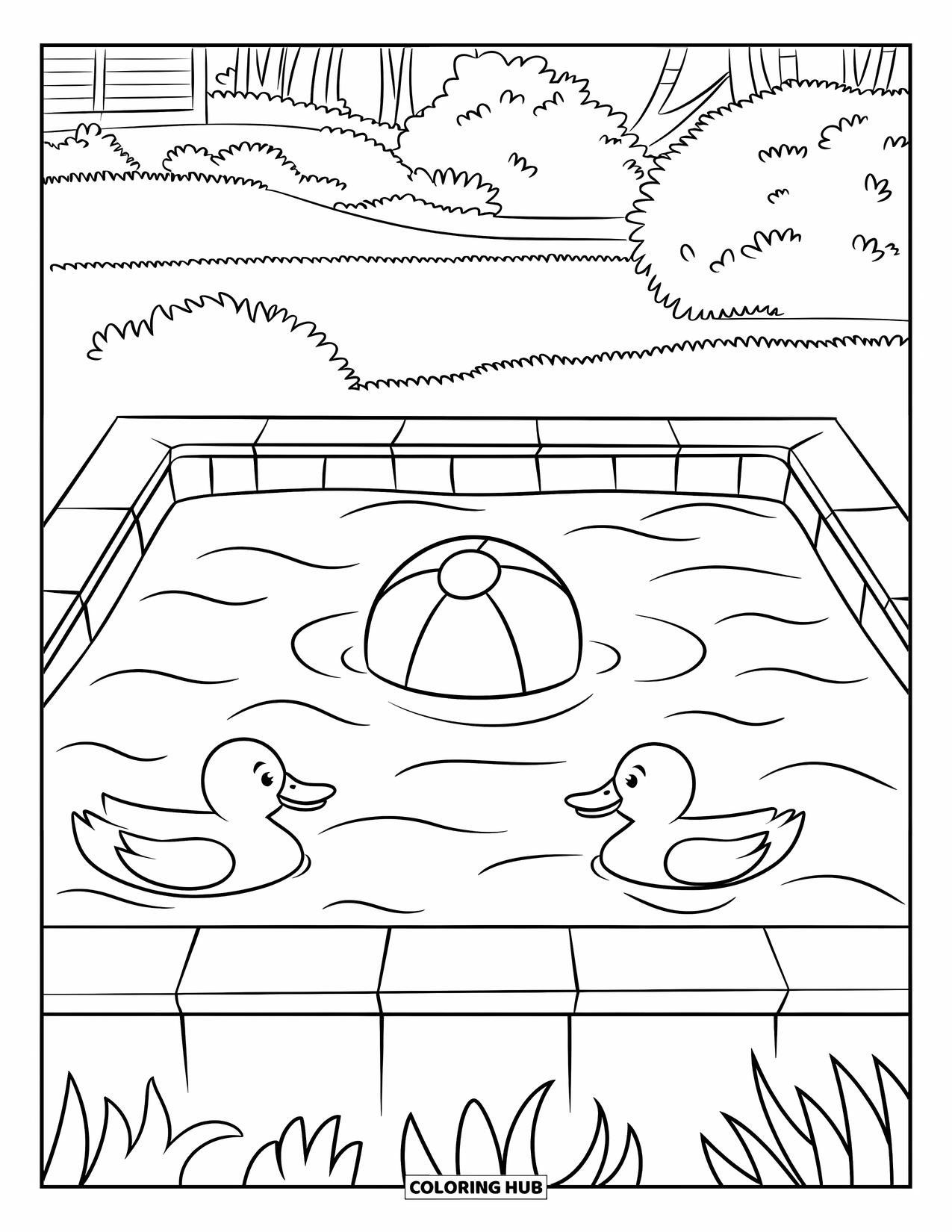 Pool Coloring Page for Kids: Kiddie pool with ducks, beach ball, and trees near a small building