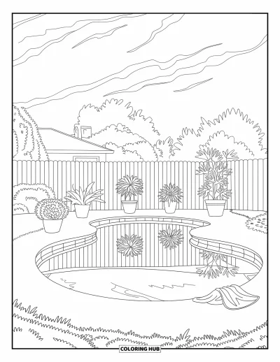 Coloriage de piscine pour enfants : Piscine en forme de haricot avec une eau calme reflétant les plantes dans un jardin clôturé