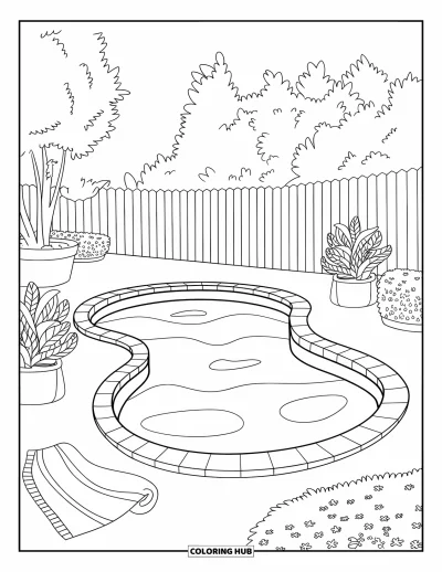 Coloriage de piscine pour enfants : Piscine en forme de haricot avec des plantes en pot, une serviette et un cadre clôturé paisible