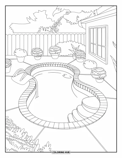 Coloriage de piscine pour enfants : Piscine en forme de haricot avec des plantes en pot, une serviette et un escalier à une extrémité