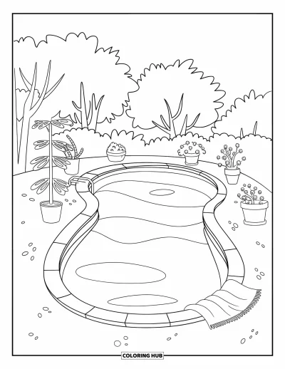 Coloriage de piscine pour enfants : Piscine en forme de haricot avec des plantes en pot, des arbres et une serviette à proximité