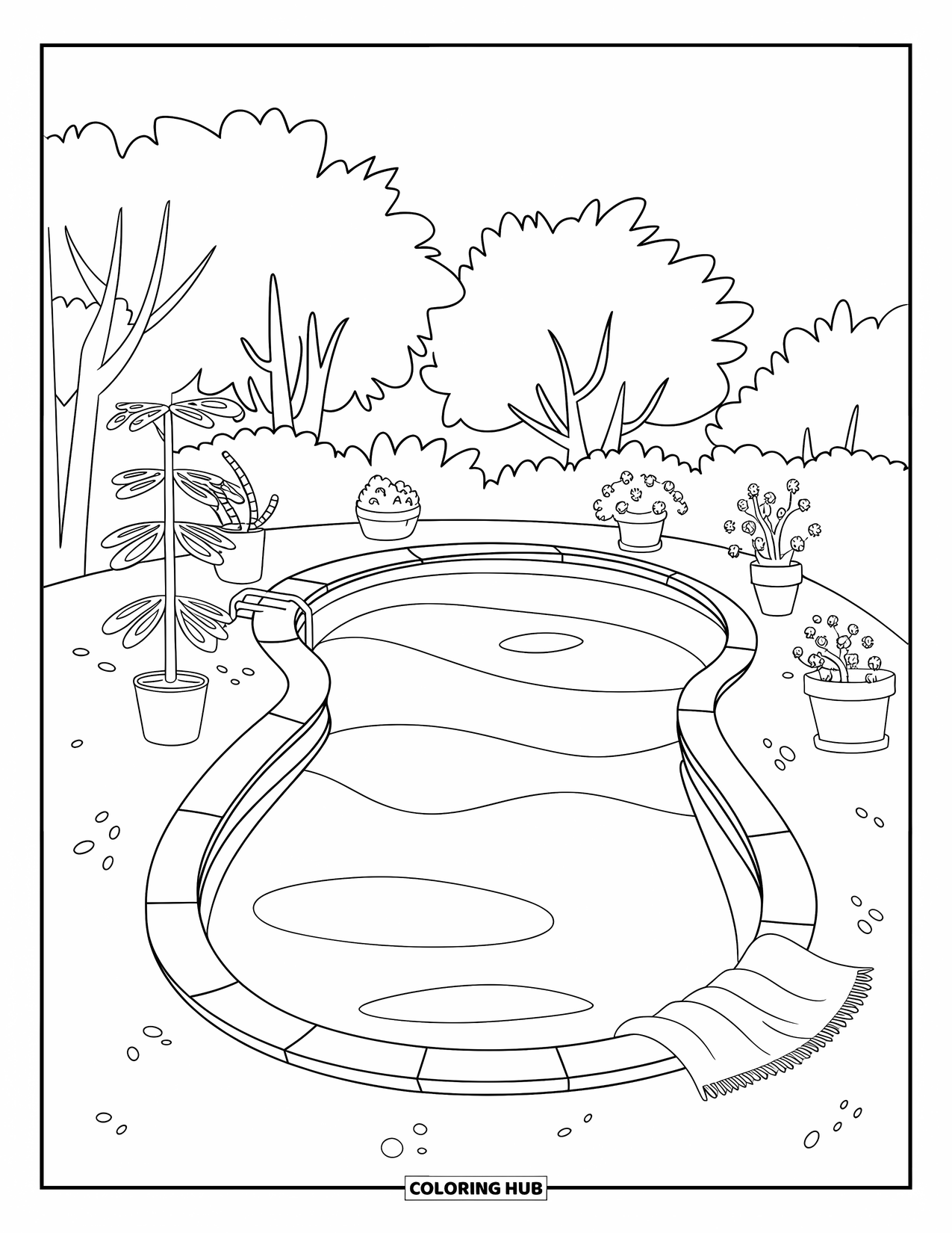 Pool Coloring Page for Kids: Kidney-shaped pool with potted plants, trees, and a nearby towel