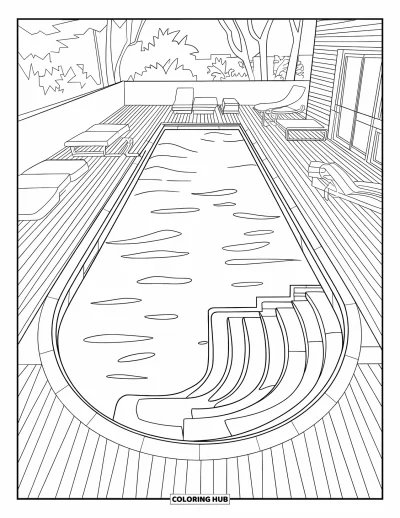 Coloriage de piscine pour enfants : Piscine en L avec entrée en pente, escaliers et transats près d'arbres et d'un bâtiment