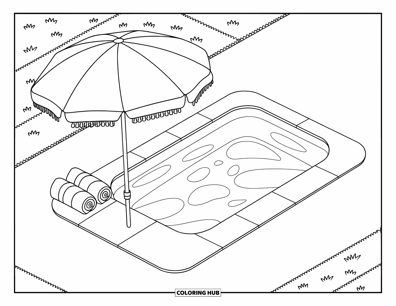 Pool Coloring Page for Kids: Mini backyard pool with rolled-up towels, umbrella, and grassy background