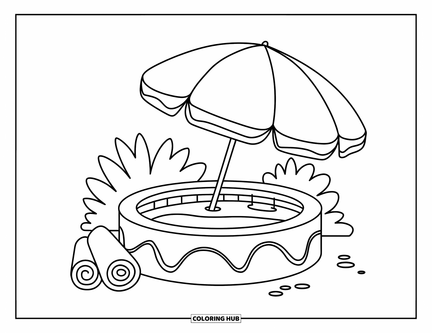 Pool Coloring Page for Kids: Mini pool under a shade umbrella with rolled towels and smiling water face