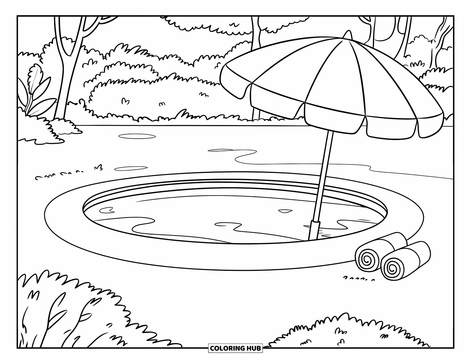 Pool Coloring Page for Kids: Mini pool with umbrella and towels, surrounded by a garden of trees and plants