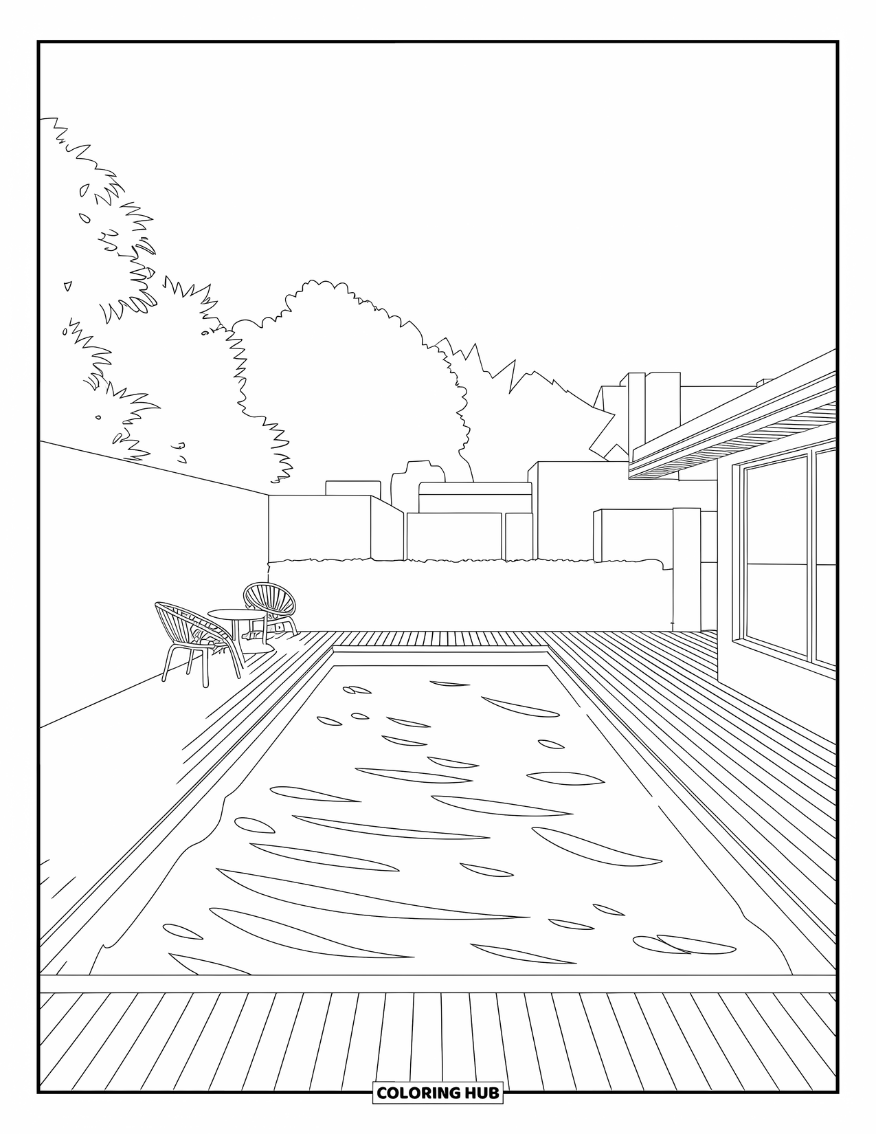 Pool Coloring Page for Kids: Modern L-shaped pool with soft ripples and wooden deck near trees and a building