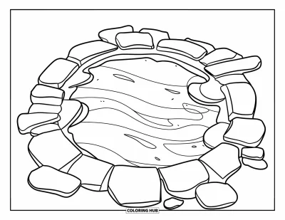 Coloriage de piscine pour enfants : Piscine circulaire de style moderne avec effet d'ondulations et pierres de gué sur fond blanc épuré
