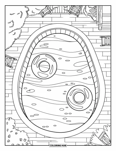 Coloriage de piscine pour enfants : Piscine ovale avec des bouées, des chaises et un bâtiment chaleureux parmi les arbres