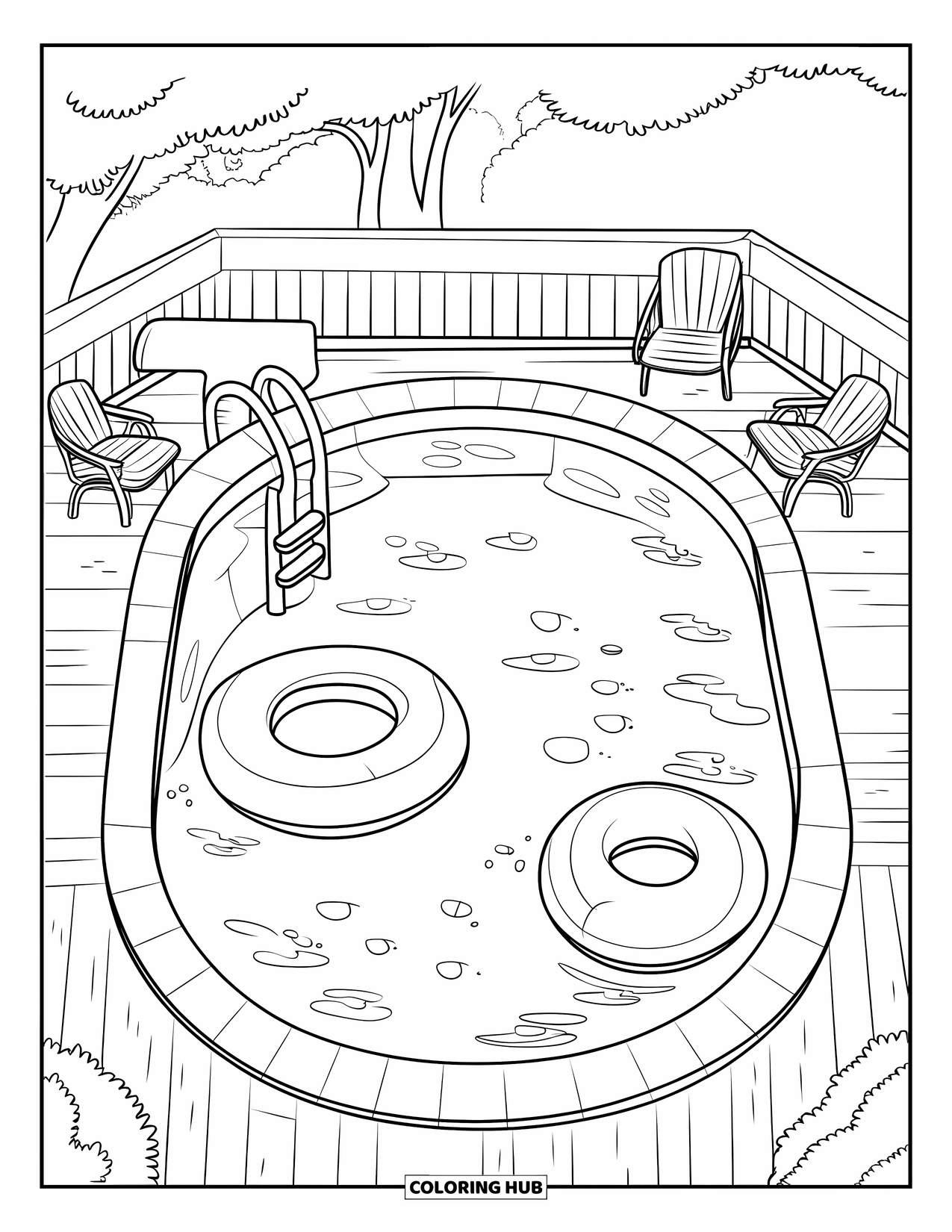 Pool Coloring Page for Kids: Oval pool with two float rings, bubbly ripples, and a wooden deck with chairs
