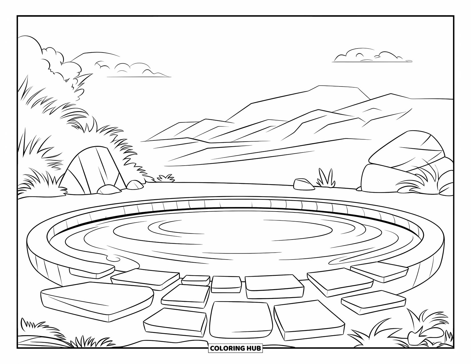 Pool Coloring Page for Kids: Peaceful circular pool with rocks, stepping stones, and mountains in the background