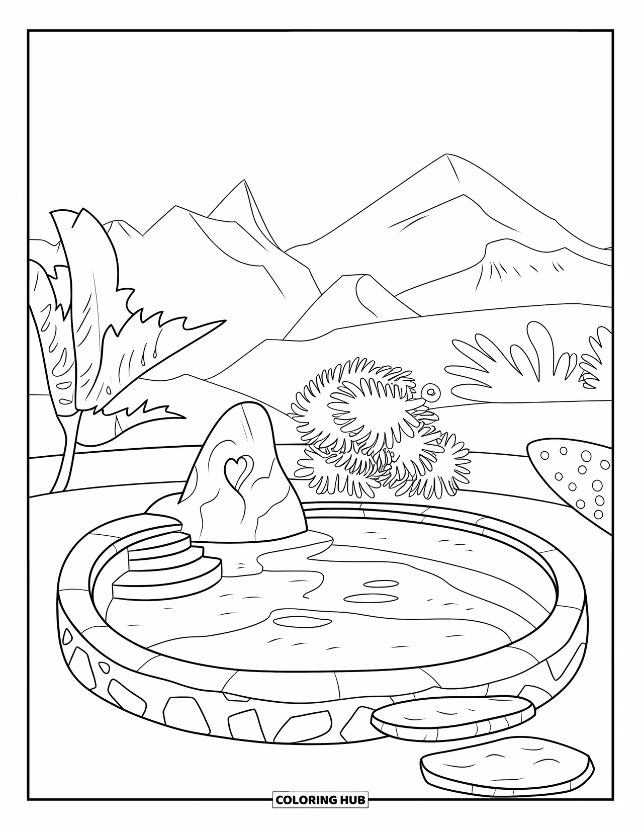 Pool Coloring Page for Kids: Plunge pool with a few steps, heart-shaped rock, and leafy plant in nature