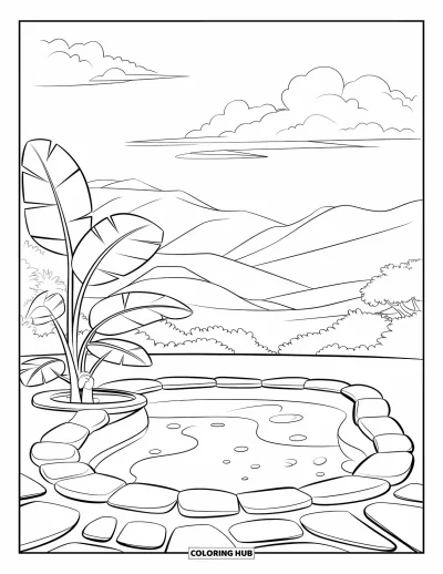 Coloriage de piscine pour enfants : Plunge pool aux rebords de pierre naturelle et à la végétation douce dans un décor montagneux