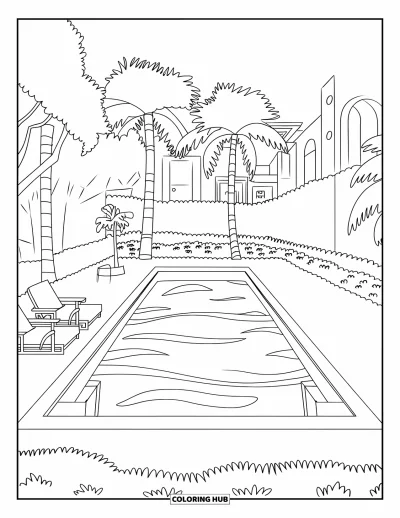 Coloriage de piscine pour enfants : Piscine rectangulaire avec banquette en rebord, entourée de palmiers et de bâtiments originaux