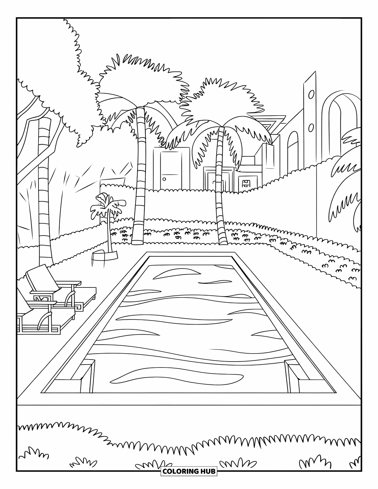 Pool Coloring Page for Kids: Rectangle pool with ledge seating, surrounded by palm trees and unique buildings