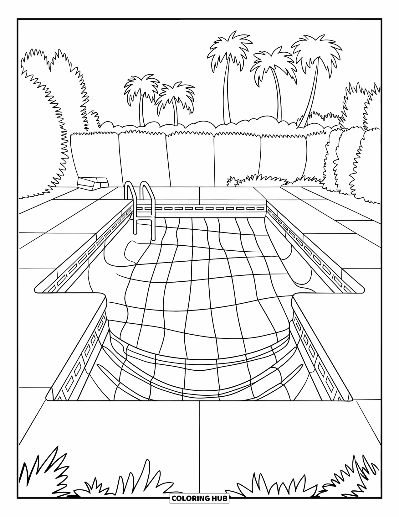 Pool Coloring Page for Kids: Rectangular backyard pool with tile patterns, bench seating, and palm trees in the background