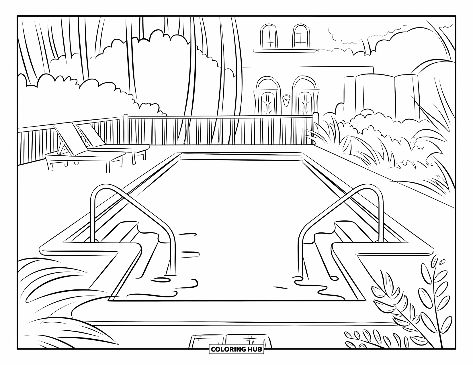 Pool Coloring Page for Kids: Rectangular pool with loungers, railing, and plants beside a building with arched windows