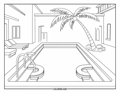 Coloriage de piscine pour enfants : Piscine rectangulaire avec des palmiers, des marches courbes et des transats en bord de piscine