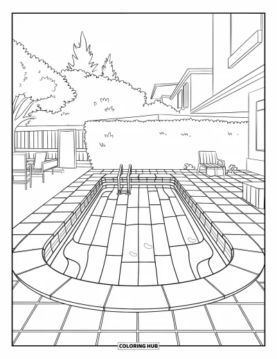 Coloriage de piscine pour enfants : Piscine rectangulaire avec motifs carrelés, chaises sur la terrasse et une maison au loin