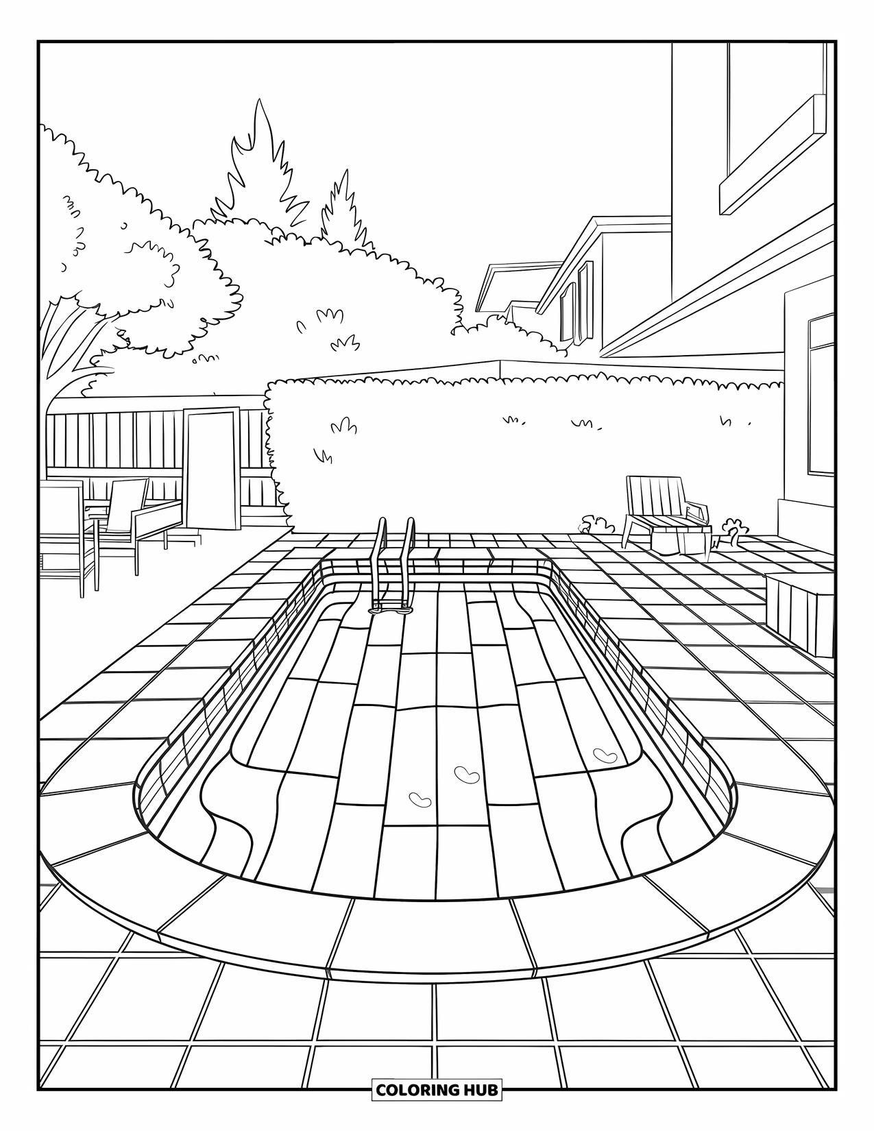 Pool Coloring Page for Kids: Rectangular pool with tile patterns, chairs on the deck, and a house in the distance