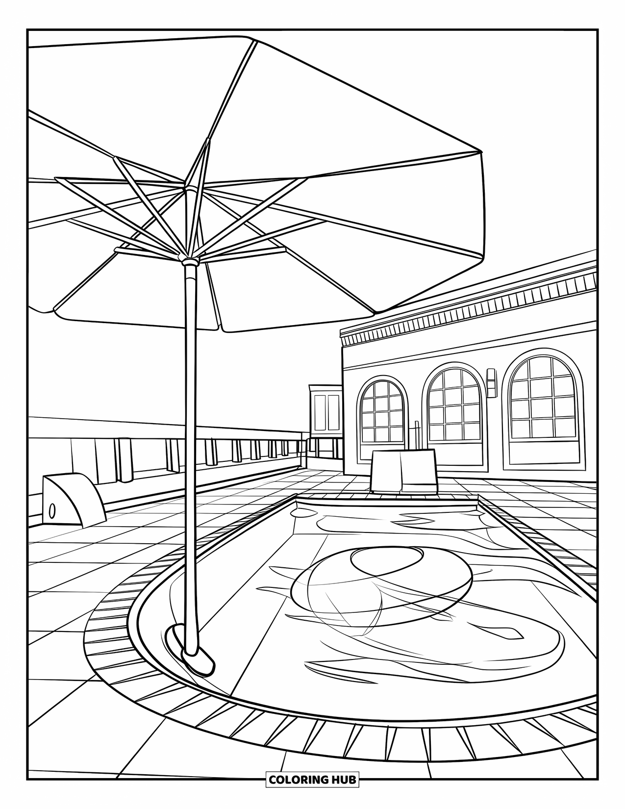 Pool Coloring Page for Kids: Rooftop pool with floating ring and umbrella, overlooking a building with arched windows