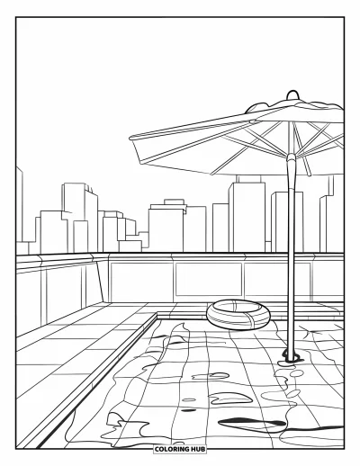Coloriage de piscine pour enfants : Piscine sur toit avec carrelage élégant, bouée flottante et parasol surplombant une skyline urbaine
