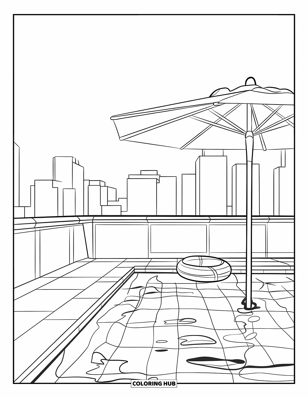 Pool Coloring Page for Kids: Rooftop pool with sleek tiles, floating ring, and sun umbrella above a city skyline
