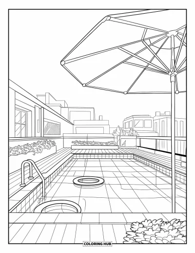 Coloriage de piscine pour enfants : Piscine sur toit avec terrasse en bois, plantes et motifs carrelés raffinés sous une skyline urbaine