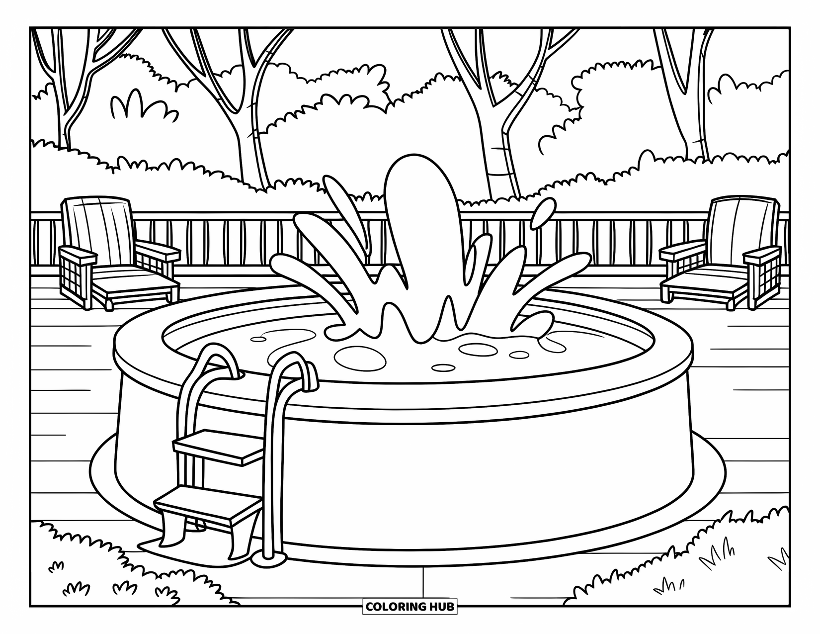 Pool Coloring Page for Kids: Round pool with cute step-in ladder, playful splashes, and trees in the background