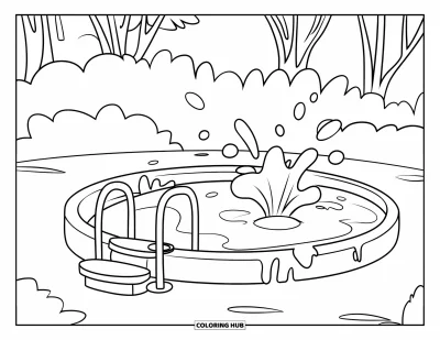 Coloriage de piscine pour enfants : Piscine ronde avec échelle, éclaboussures joyeuses et bulles dans un jardin luxuriant