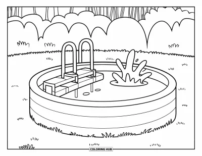 Coloriage de piscine pour enfants : Simple piscine ronde avec une échelle à échelons, entourée de pelouse et d'arbres gais