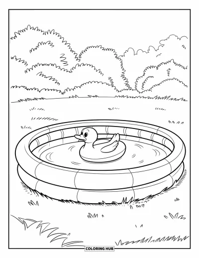 Coloriage de piscine pour enfants : Petite piscine gonflable avec canard flottant, posée dans une prairie avec des arbres